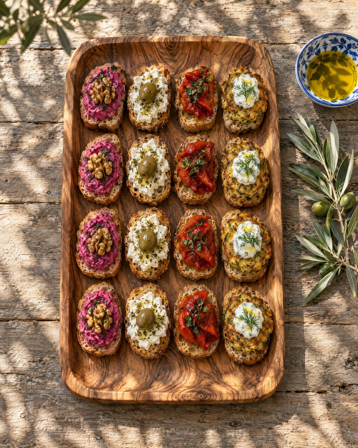 Holzbrett mit Reihen kleiner Kanapees mit Rote-Bete-Dip, Käse und Olive, Paprika und Zucchinipuffern