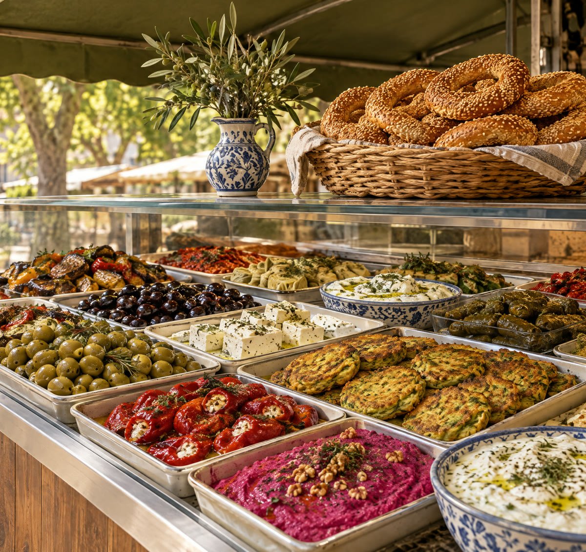 Eine Markttheke voller Schalen mit Oliven, Rote-Bete-Dip, gefüllter Paprika, Zucchinipuffern, Käse und Sesamringen