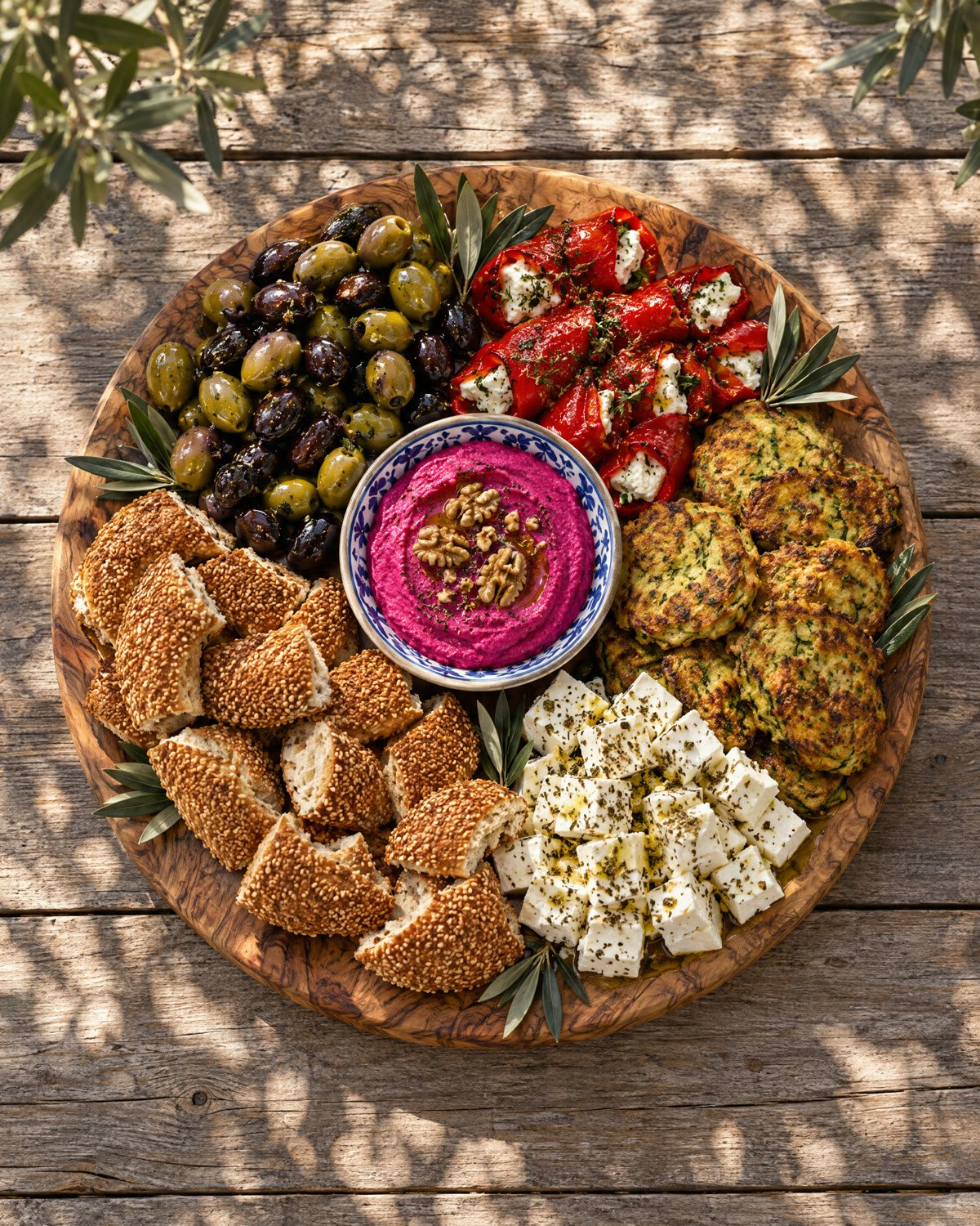 Runde Holzplatte mit Oliven, Rote-Bete-Dip, gefüllter Paprika, Zucchinipuffern, Käse und Sesambrot